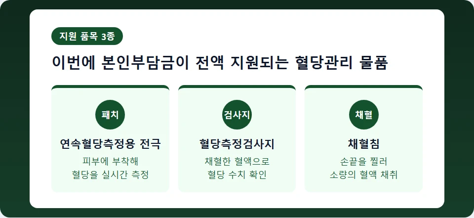 본인부담금이 전액 지원되는 혈당관리 물품 3종 - 연속혈당측정용 전극, 혈당측정검사지, 채혈침