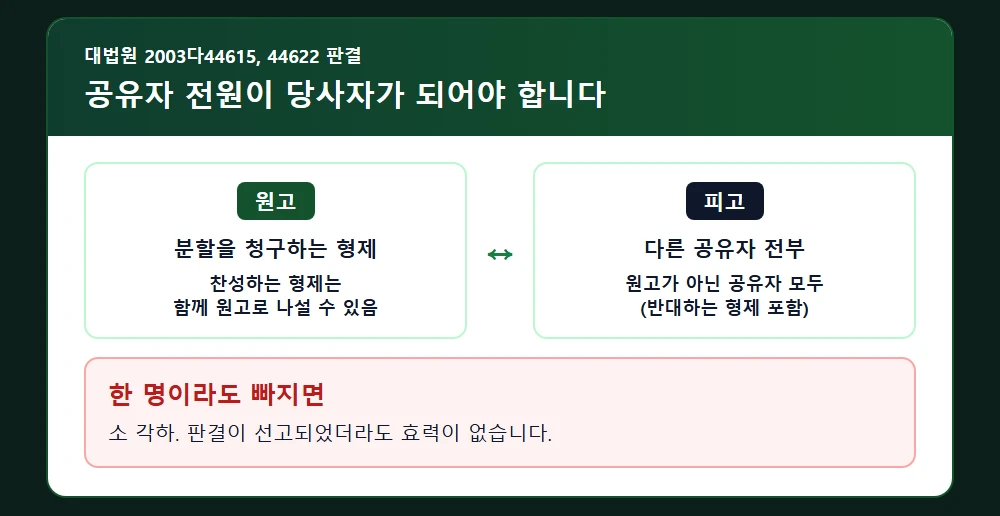 공유자 전원이 원고·피고로 참여하는 소송 당사자 구조
