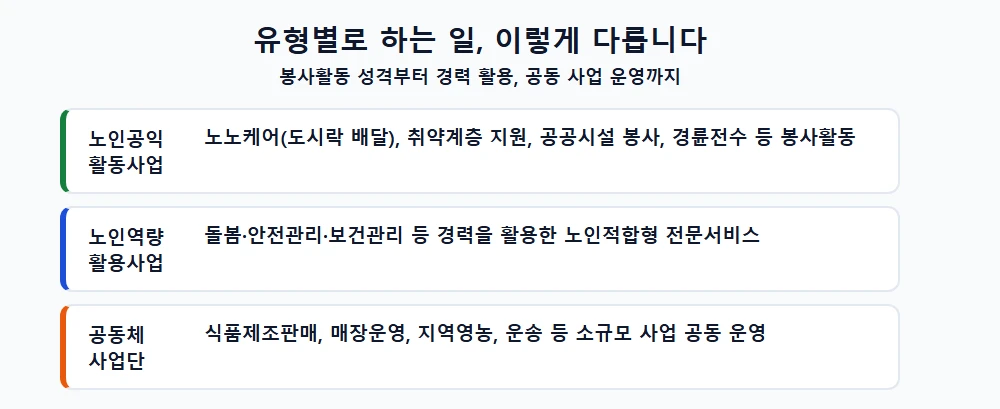유형별로 하는 일 비교(노인공익활동사업·노인역량활용사업·공동체사업단)