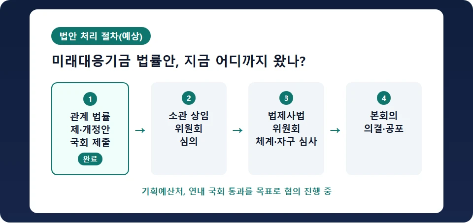 미래대응기금 법률안 국회 제출 이후 예상 처리 절차(상임위 심의·법사위 심사·본회의 의결)